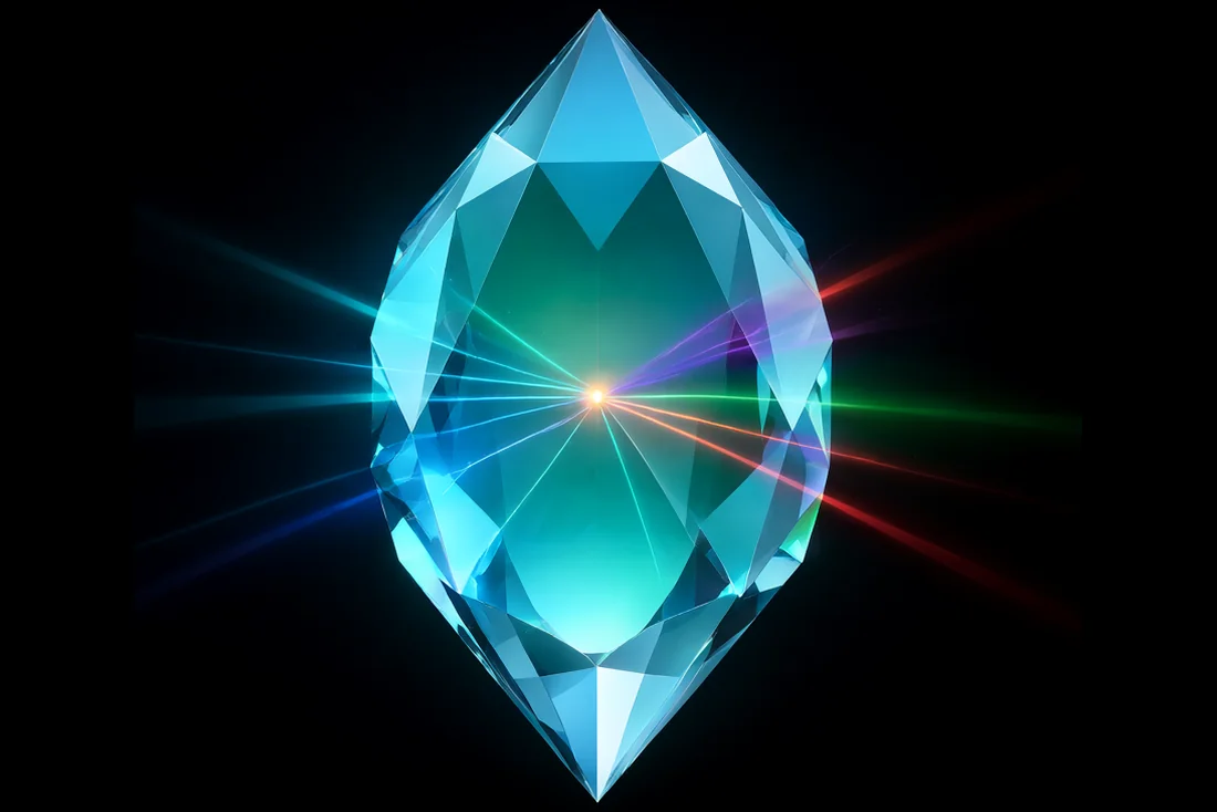 Diamante facetado de Glyvex emitiendo cinco haces de luz de colores, uno por cada división del grupo